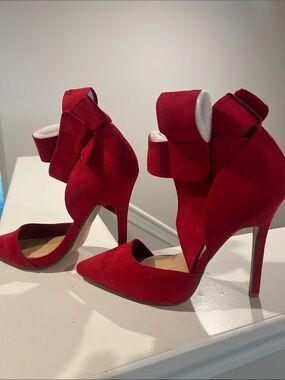 JustFab Red Suede Pointed-Toe Stiletto Pumps with Ankle Bow